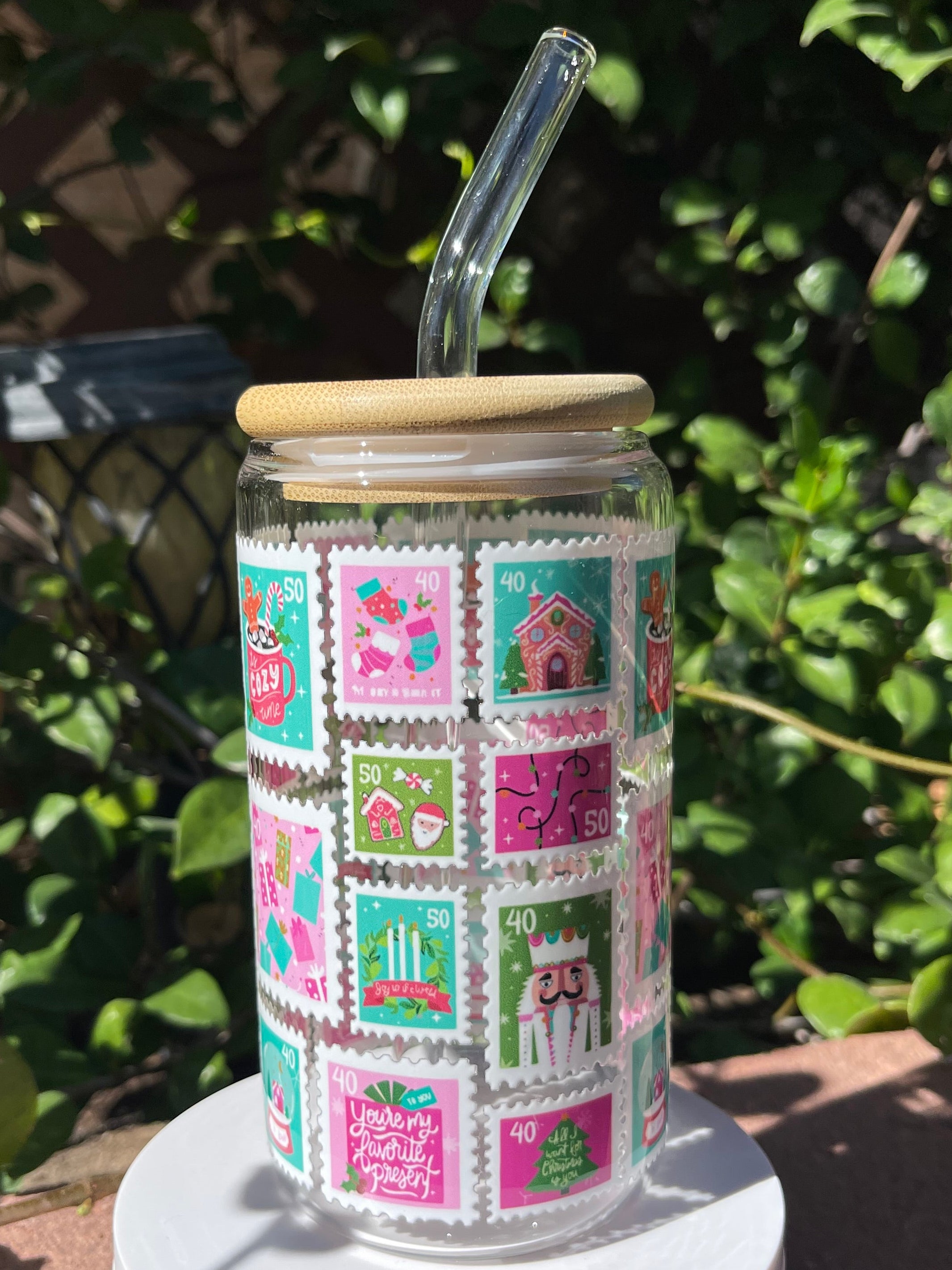 Holiday Stamps Glass Cup