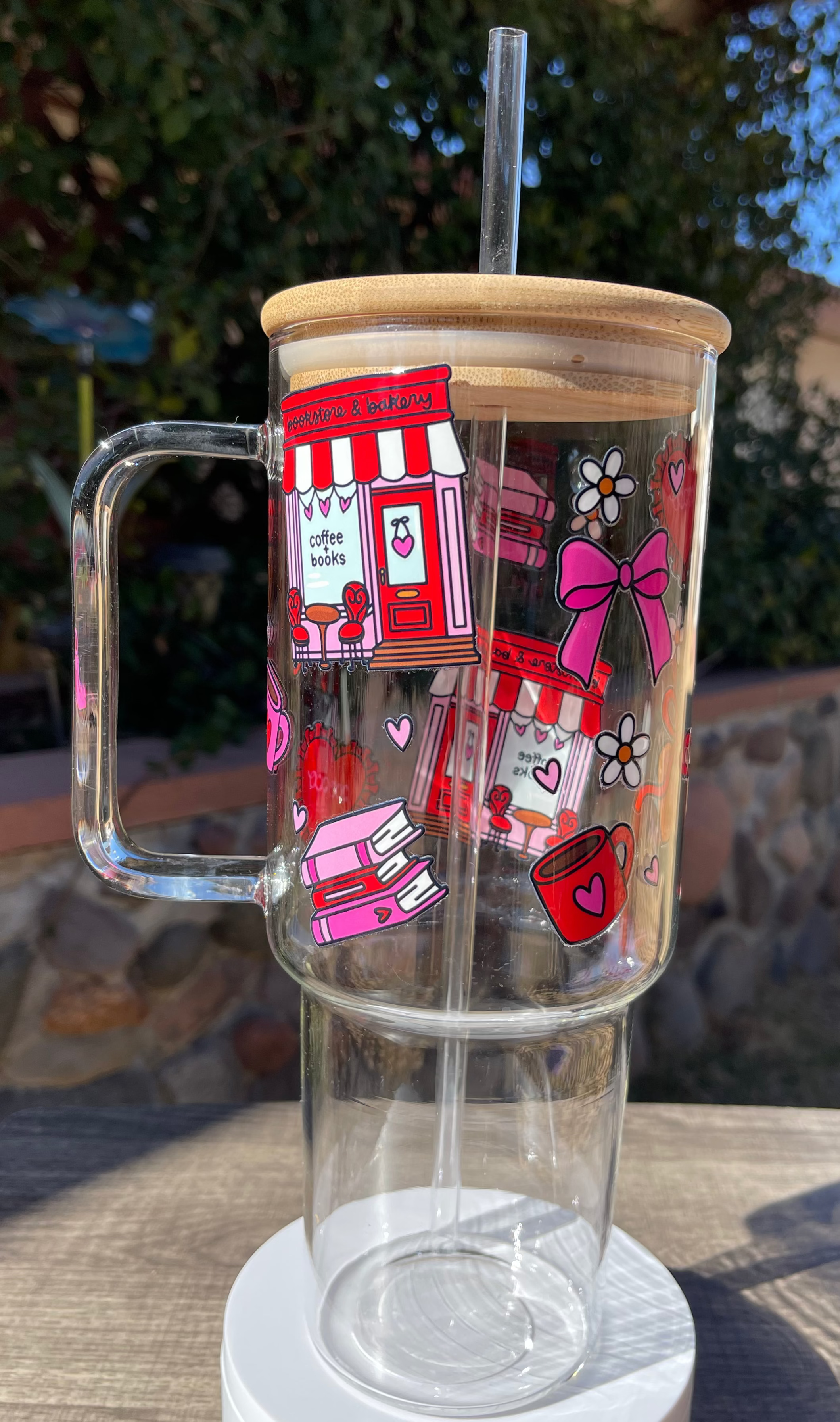 VDay Books & Bakery 40 oz Glass Tumbler