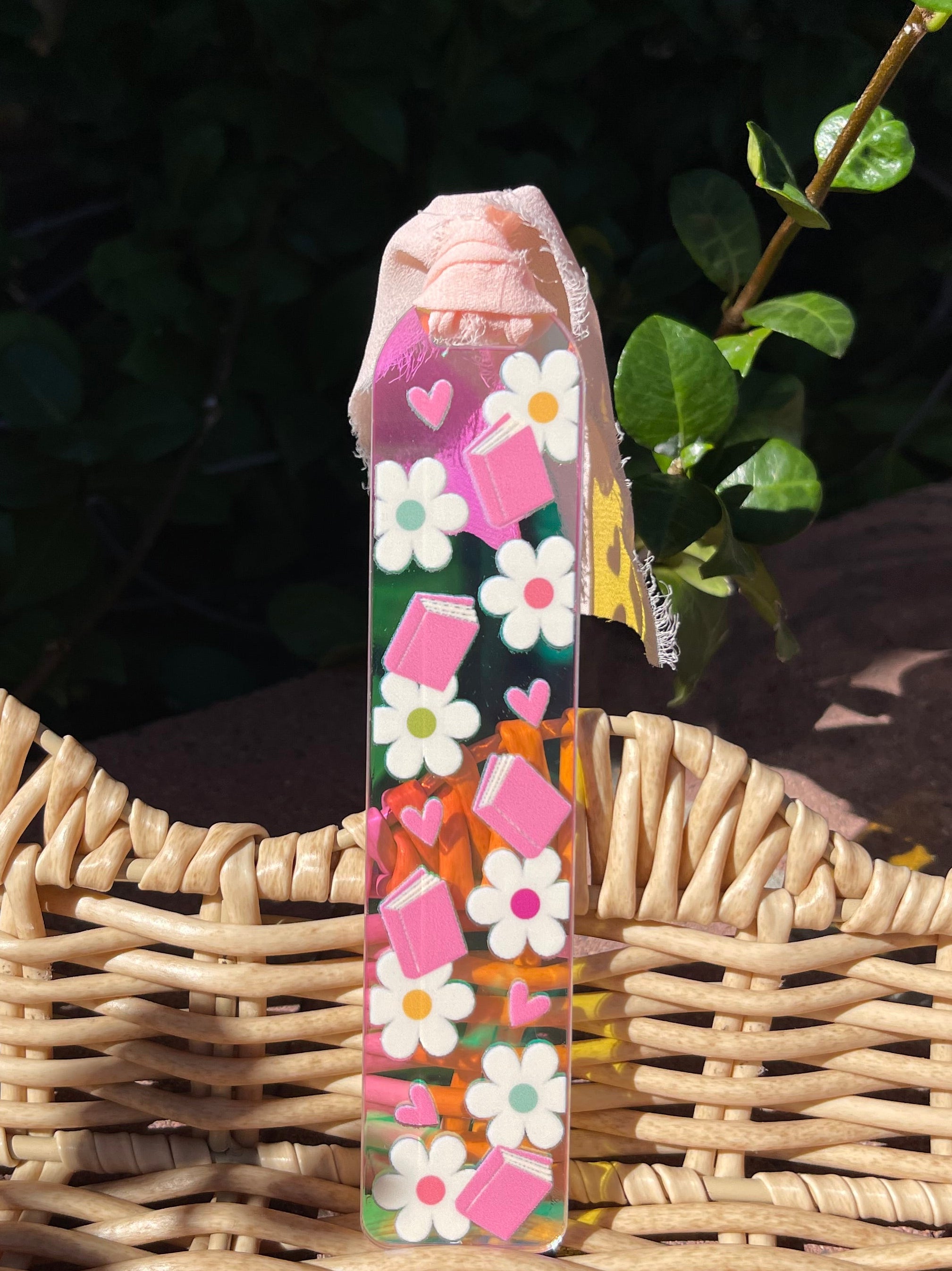 Pink Books and White Flowers Holographic Bookmark